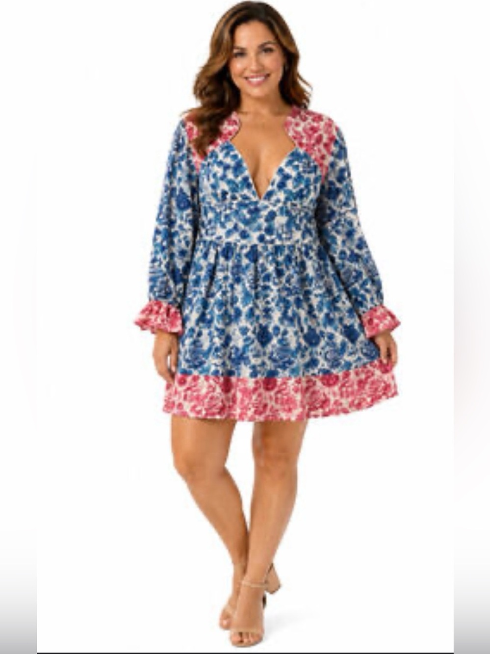Simply Southern Blue and Pink Floral V-Neck Mini Dress
